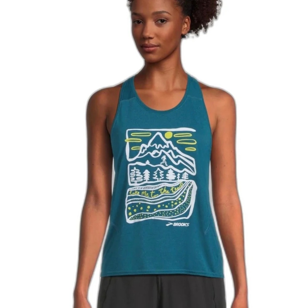 Brooks Distance Tank 3.0 Women's Small‎ NWT Trail Running Graphic Blue Tank